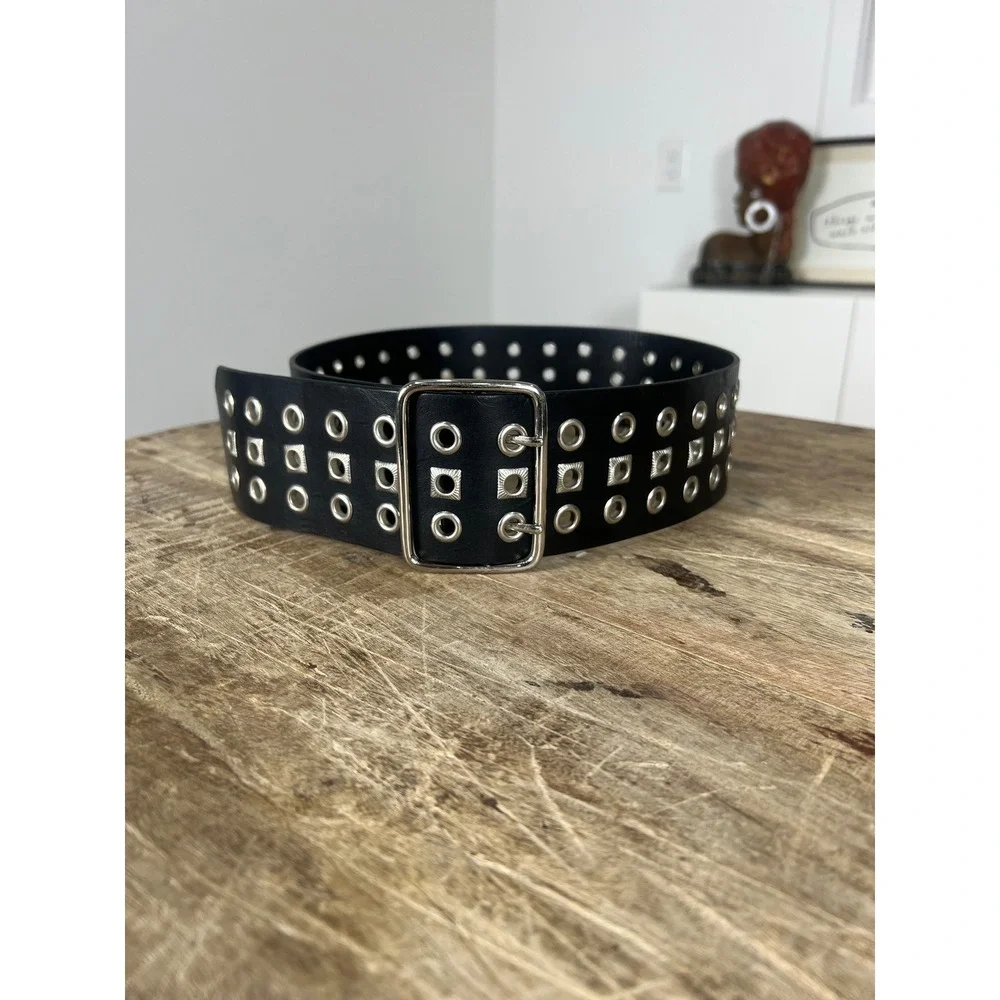 Black Faux Leather Wide Triple Row Grommet Square Stud Belt Double Prong Buckle